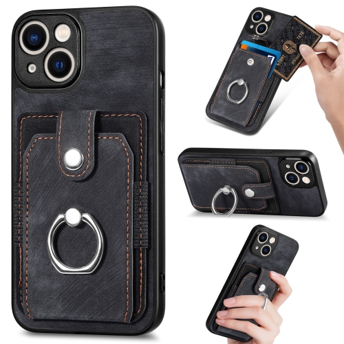 

For iPhone 14 Retro Skin-feel Ring Card Wallet Phone Case(Black)