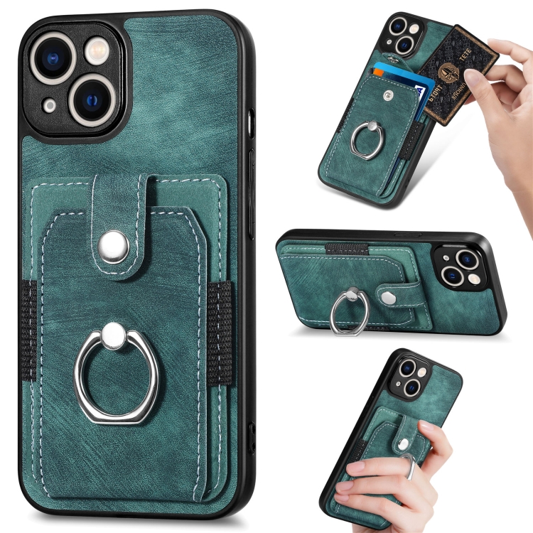 

For iPhone 14 Plus Retro Skin-feel Ring Card Wallet Phone Case(Green)
