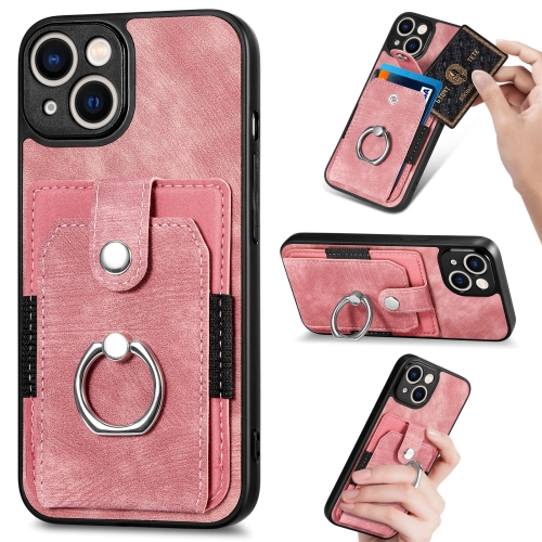 

For iPhone 14 Pro Retro Skin-feel Ring Card Wallet Phone Case(Pink)