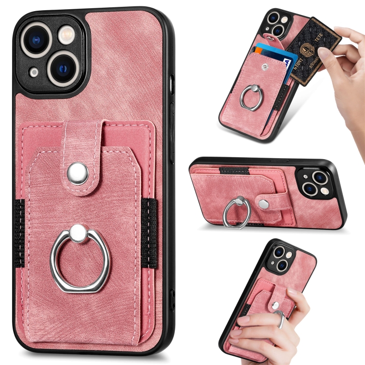 

For iPhone 13 mini Retro Skin-feel Ring Card Wallet Phone Case(Pink)