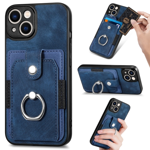 

For iPhone 13 Retro Skin-feel Ring Card Wallet Phone Case(Blue)