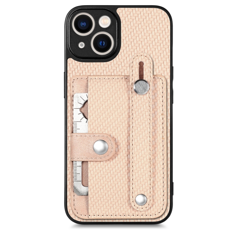 

For iPhone 14 Wristband Kickstand Card Wallet Back Cover Phone Case with Tool Knife(Khaki)