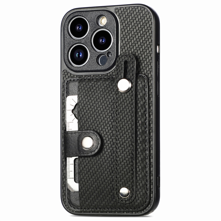 

For iPhone 14 Pro Wristband Kickstand Card Wallet Back Cover Phone Case with Tool Knife(Black)