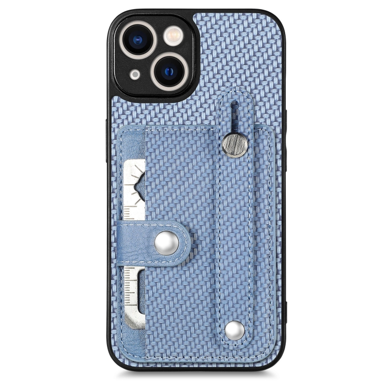 

For iPhone 14 Plus Wristband Kickstand Card Wallet Back Cover Phone Case with Tool Knife(Blue)
