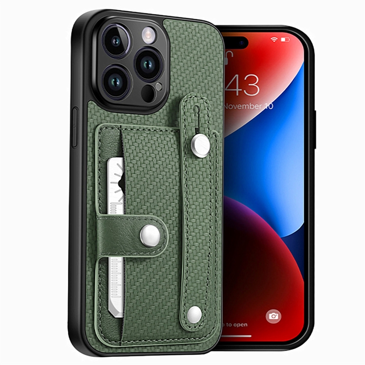 

For iPhone 14 Pro Max Wristband Kickstand Card Wallet Back Cover Phone Case with Tool Knife(Green)