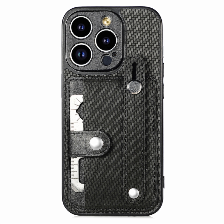 

For iPhone 13 Pro Wristband Kickstand Card Wallet Back Cover Phone Case with Tool Knife(Black)