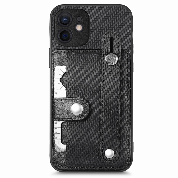 

For iPhone 12 mini Wristband Kickstand Card Wallet Back Cover Phone Case with Tool Knife(Black)