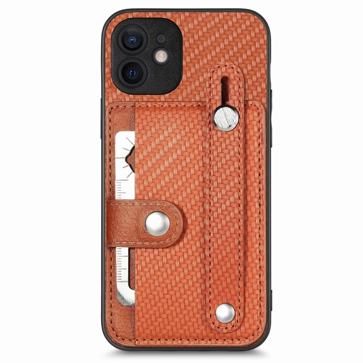 

For iPhone 12 mini Wristband Kickstand Card Wallet Back Cover Phone Case with Tool Knife(Brown)