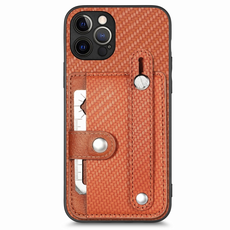 

For iPhone 12 Pro Wristband Kickstand Card Wallet Back Cover Phone Case with Tool Knife(Brown)