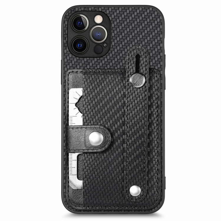

For iPhone 12 Pro Max Wristband Kickstand Card Wallet Back Cover Phone Case with Tool Knife(Black)
