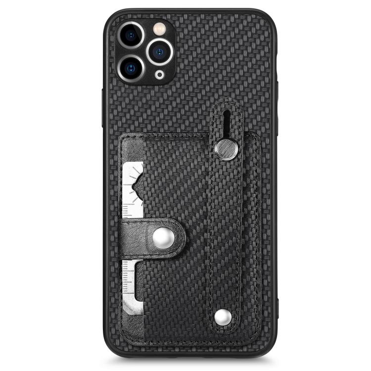 

For iPhone 11 Pro Wristband Kickstand Card Wallet Back Cover Phone Case with Tool Knife(Black)