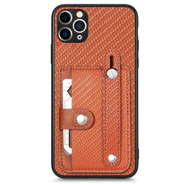 

For iPhone 11 Pro Max Wristband Kickstand Card Wallet Back Cover Phone Case with Tool Knife(Brown)