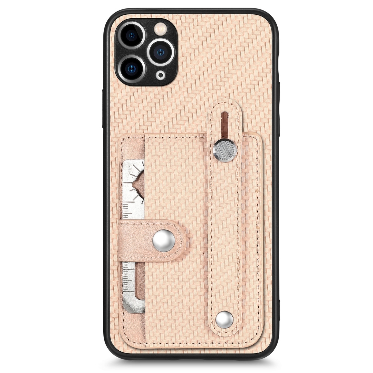 

For iPhone 11 Pro Max Wristband Kickstand Card Wallet Back Cover Phone Case with Tool Knife(Khaki)