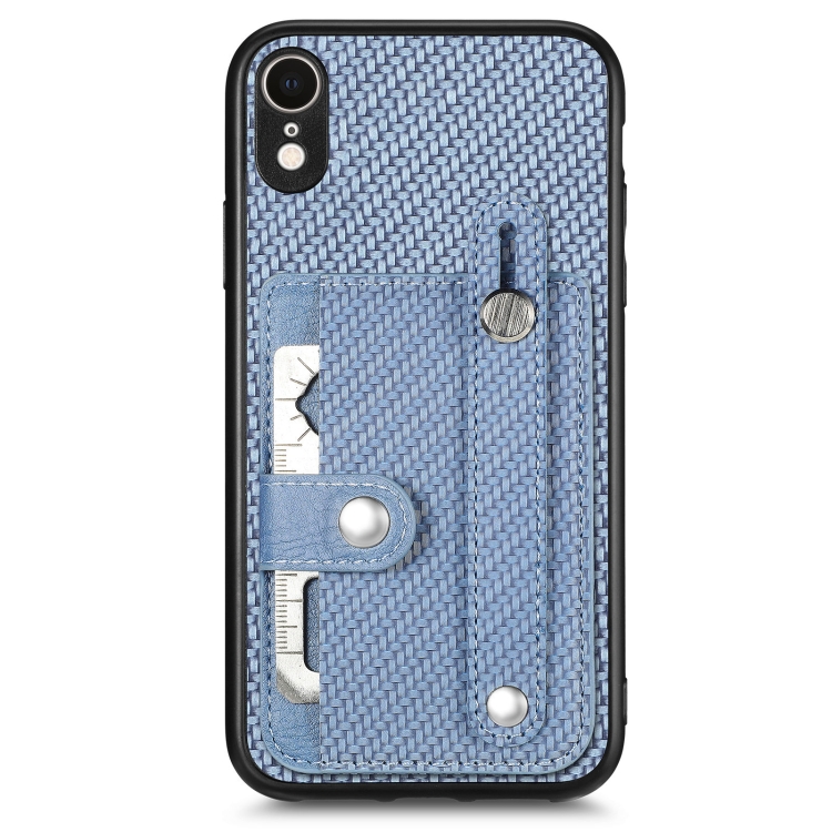 

For iPhone XR Wristband Kickstand Card Wallet Back Cover Phone Case with Tool Knife(Blue)