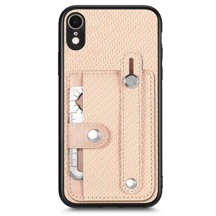 

For iPhone XR Wristband Kickstand Card Wallet Back Cover Phone Case with Tool Knife(Khaki)