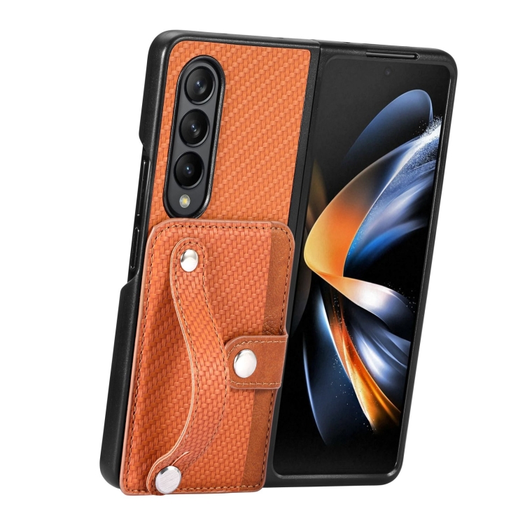 

For Samsung Galaxy Z Fold2 Wristband Kickstand Card Wallet Back Cover Phone Case(Brown)