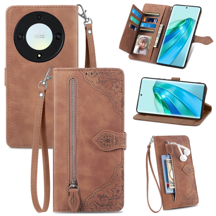 

For Honor X40 Embossed Flower Zipper Leather Phone Case(Brown)