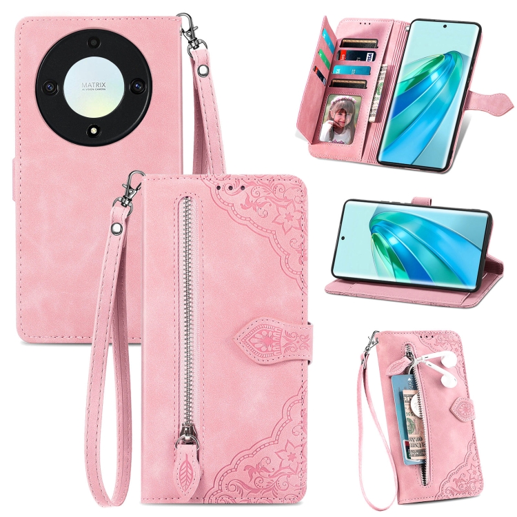 

For Honor X9a Embossed Flower Zipper Leather Phone Case(Pink)