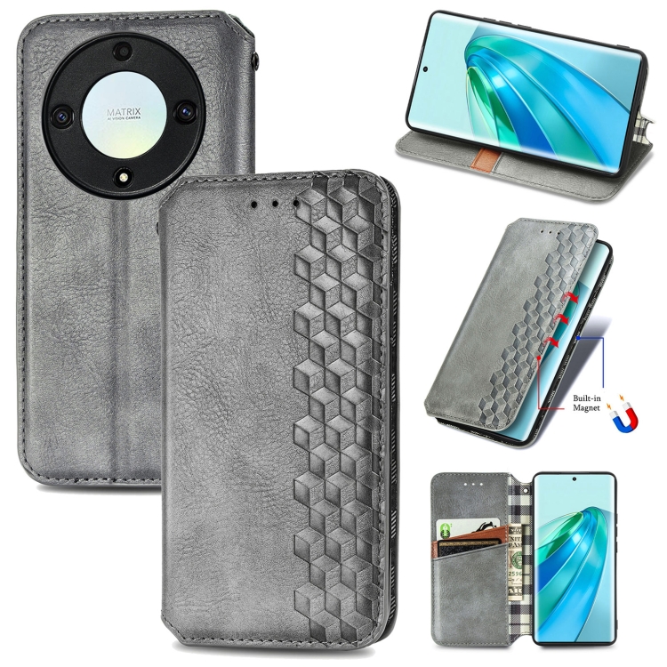 

For Honor Magic5 Lite Cubic Grid Pressed Magnetic PU Leather Case(Gray)