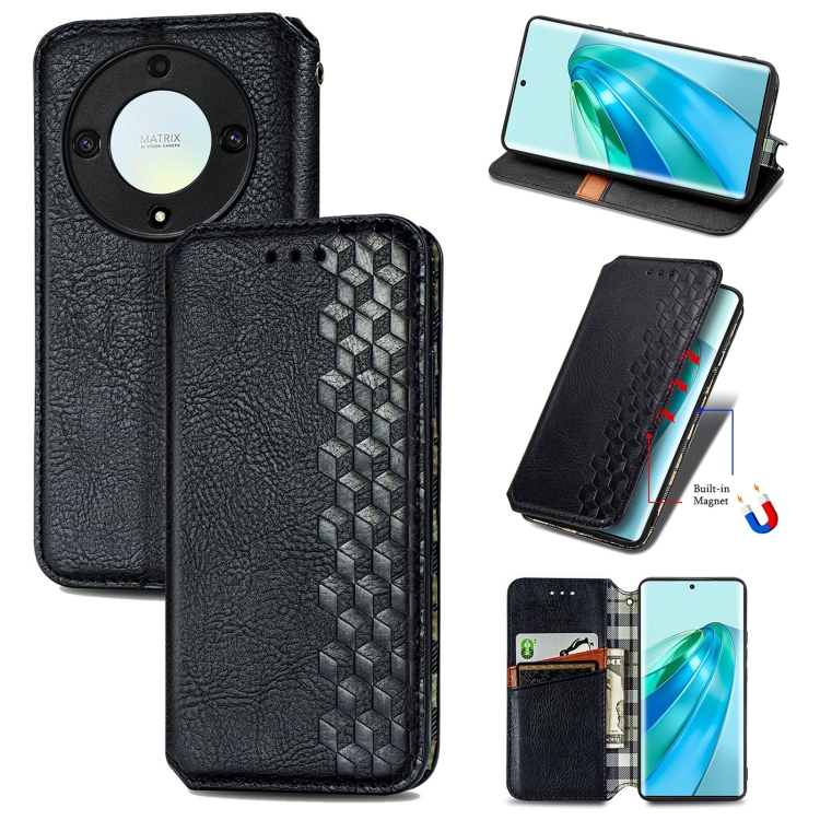 

For Honor X9a Cubic Grid Pressed Magnetic PU Leather Case(Black)