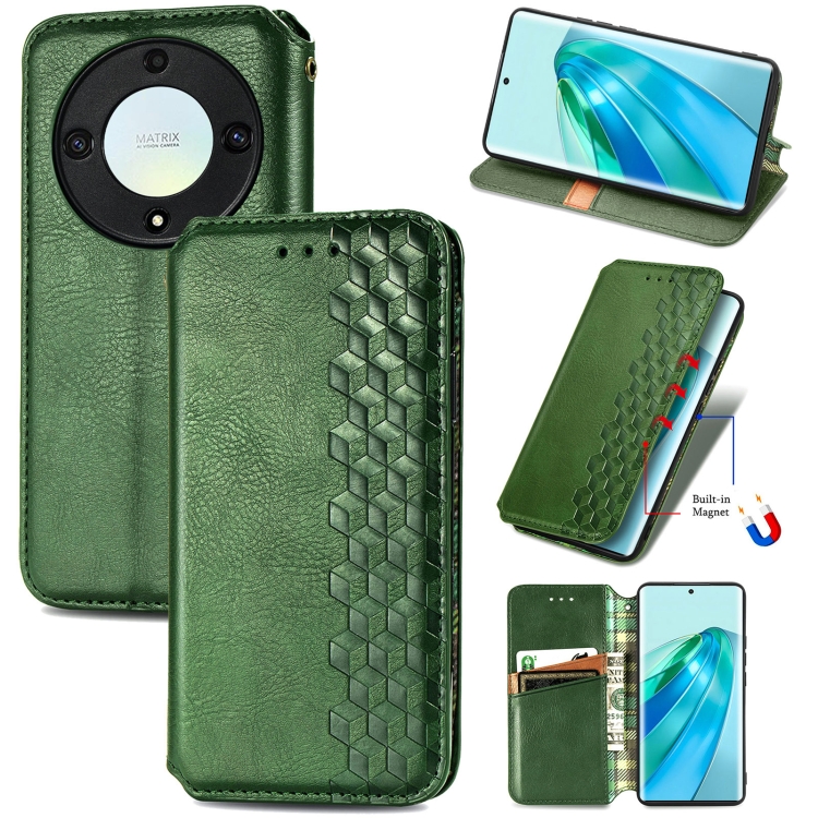 

For Honor X40 Cubic Grid Pressed Magnetic PU Leather Case(Green)