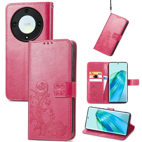 

For Honor Magic5 Lite Four-leaf Clasp Embossed Buckle Leather Phone Case(Magenta)