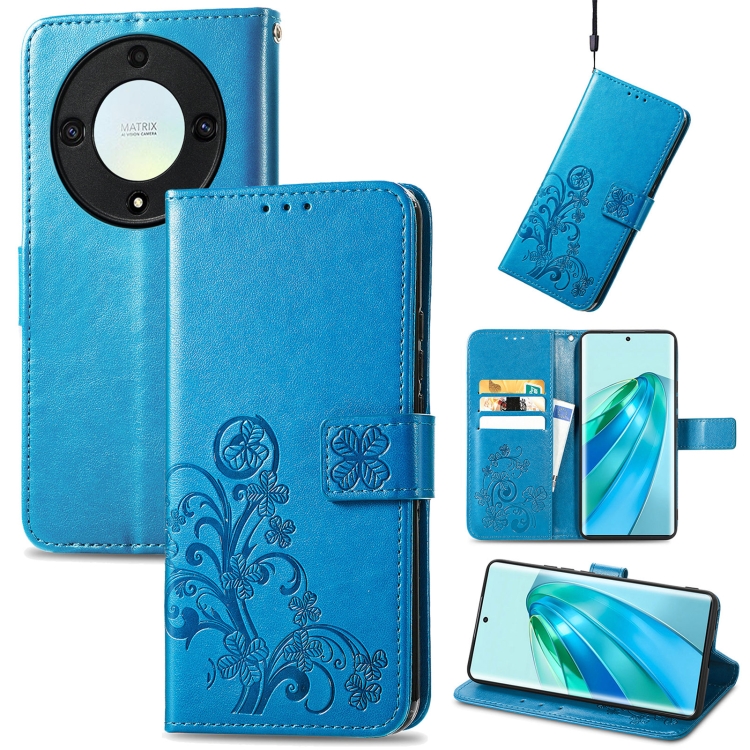 

For Honor Magic5 Lite Four-leaf Clasp Embossed Buckle Leather Phone Case(Blue)