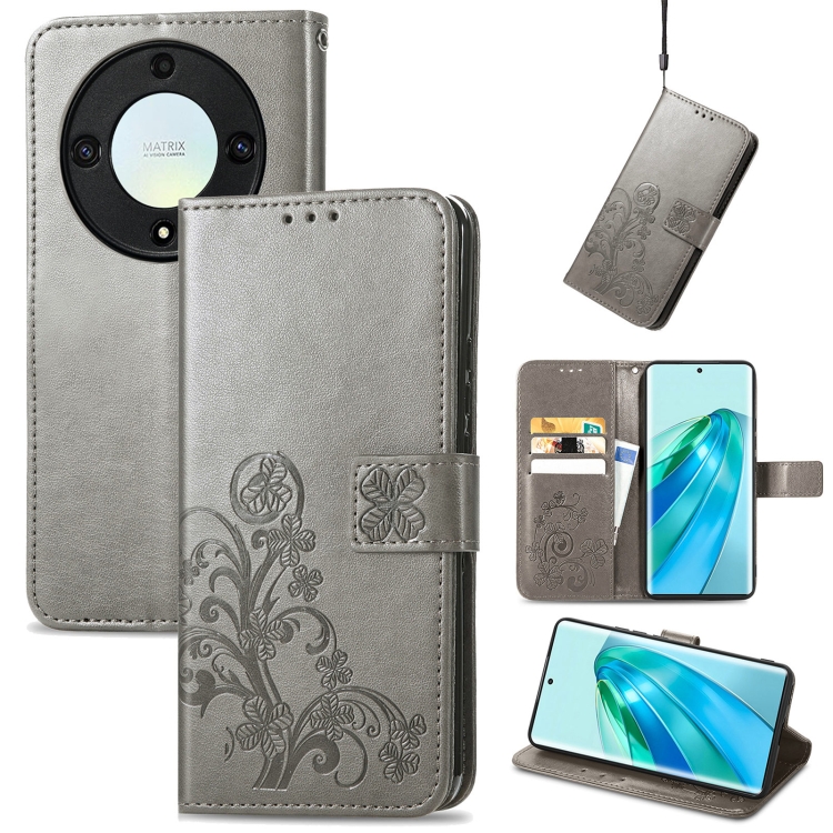 

For Honor X9a Four-leaf Clasp Embossed Buckle Leather Phone Case(Gray)