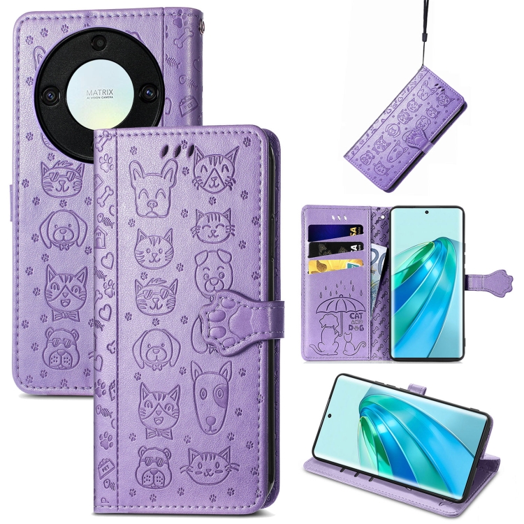 

For Honor Magic5 Lite Cute Cat and Dog Embossed Leather Phone Case(Purple)