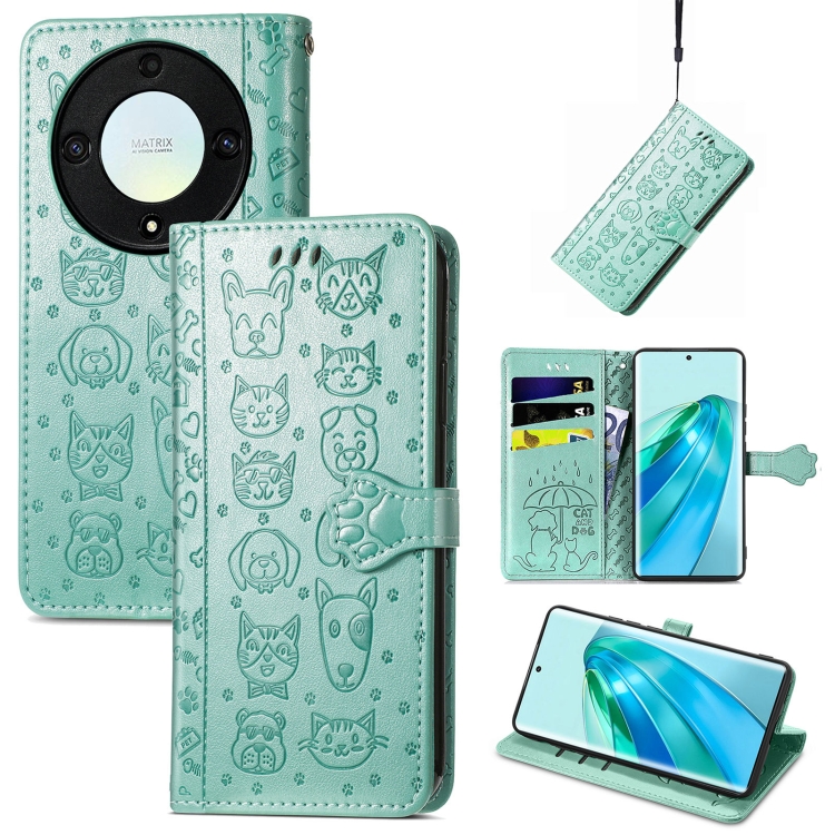 

For Honor Magic5 Lite Cute Cat and Dog Embossed Leather Phone Case(Green)