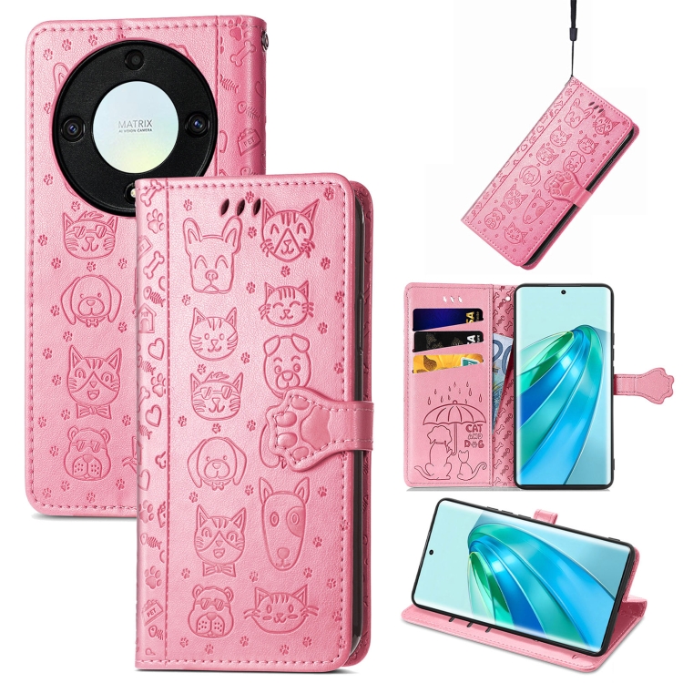 

For Honor X9a Cute Cat and Dog Embossed Leather Phone Case(Pink)