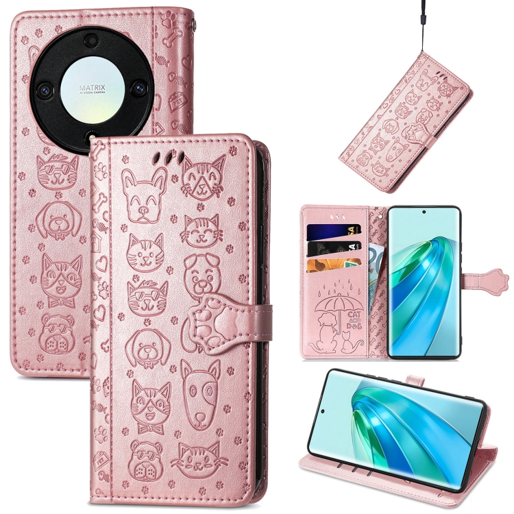 

For Honor X40 Cute Cat and Dog Embossed Leather Phone Case(Rose Gold)