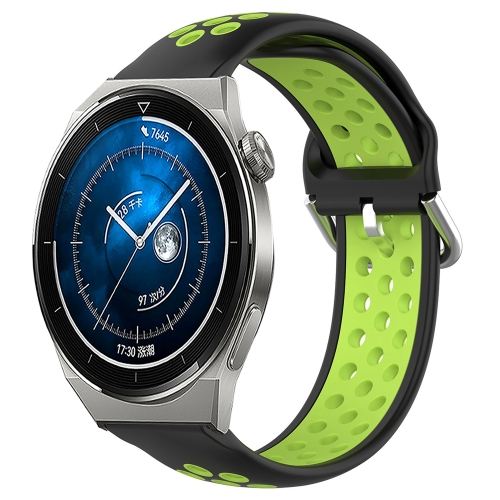 

For Huawei Watch GT3 Pro 43mm 20mm Perforated Breathable Sports Silicone Watch Band(Black+ Lime)
