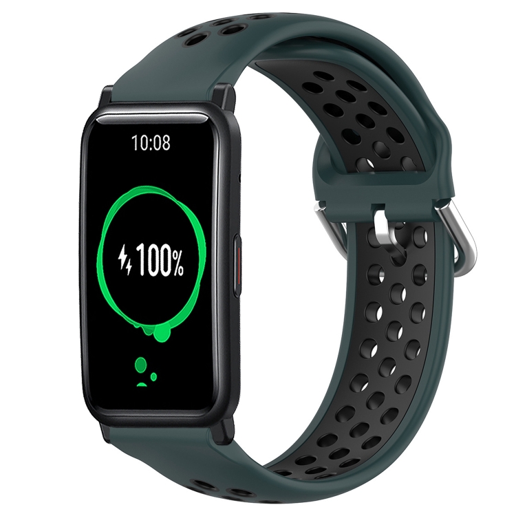 

For Honor Watch ES 20mm Perforated Breathable Sports Silicone Watch Band(Olive Green+Black)