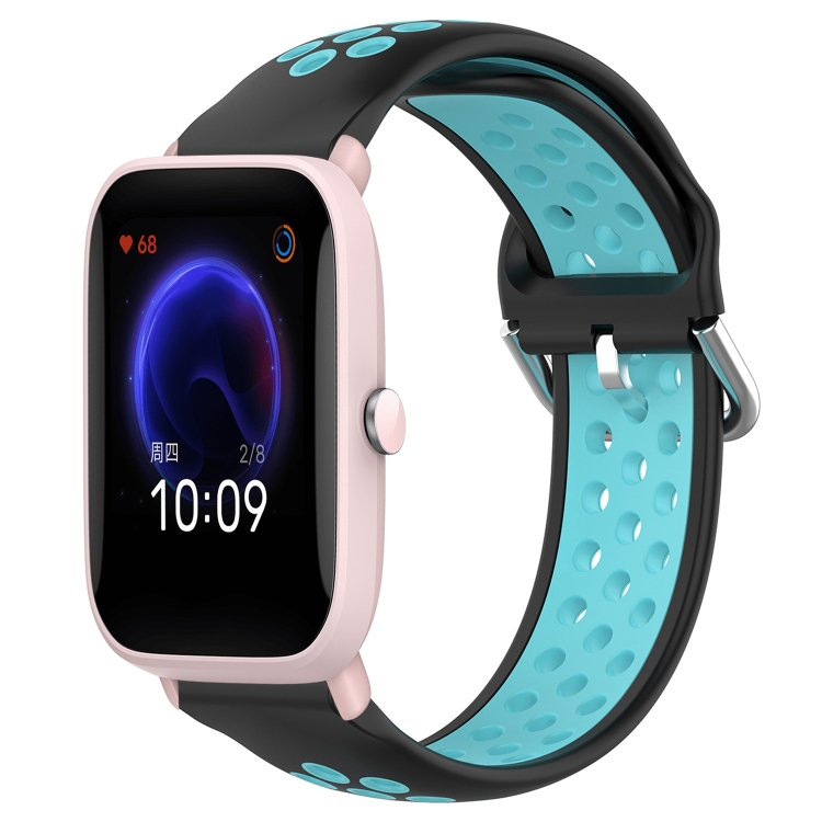 

For Amazfit Pop Pro 20mm Perforated Breathable Sports Silicone Watch Band(Black+Blue)