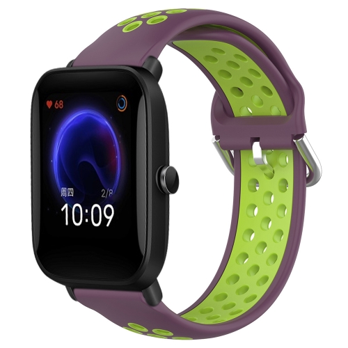 

For Amazfit Pop 20mm Perforated Breathable Sports Silicone Watch Band(Purple+Lime)