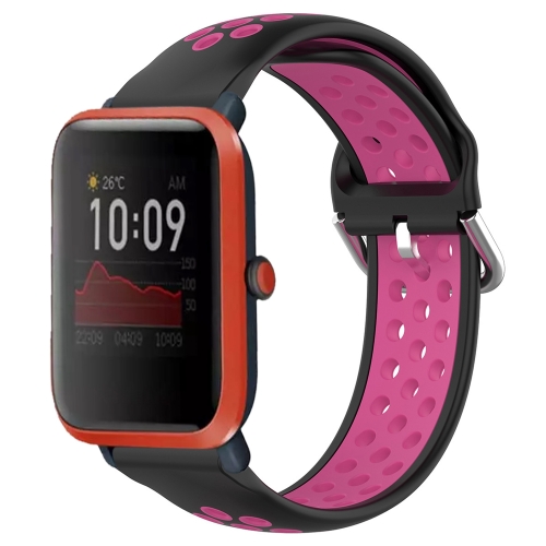 

For Amazfit Bip 1S 20mm Perforated Breathable Sports Silicone Watch Band(Black+Rose Red)