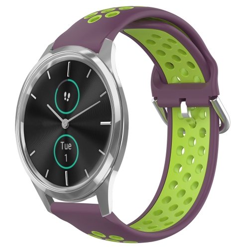 

For Garmin VivoMove Luxe 20mm Perforated Breathable Sports Silicone Watch Band(Purple+Lime)