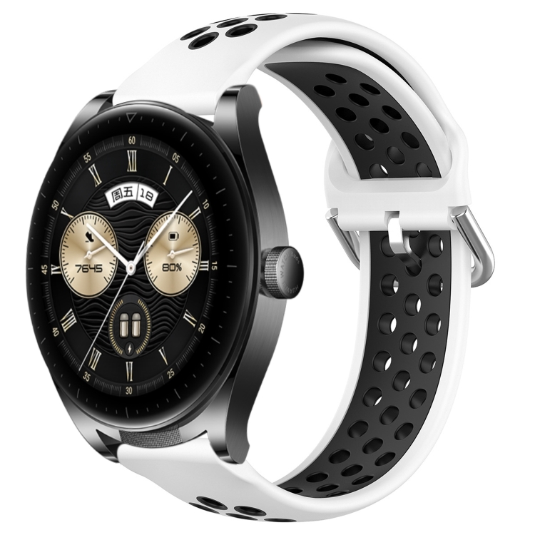 

For Huawei Watch Buds 22mm Perforated Breathable Sports Silicone Watch Band(White+Black)