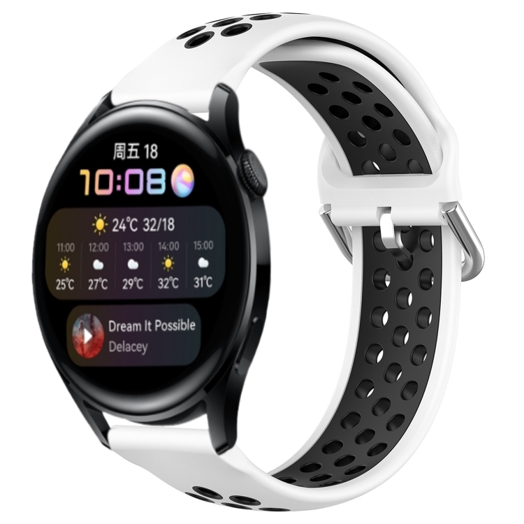 

For Huawei Watch 3 22mm Perforated Breathable Sports Silicone Watch Band(White+Black)