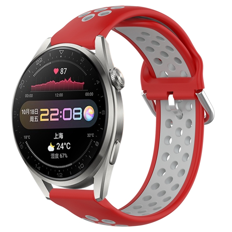 

For Huawei Watch 3 Pro 22mm Perforated Breathable Sports Silicone Watch Band(Red+Grey)
