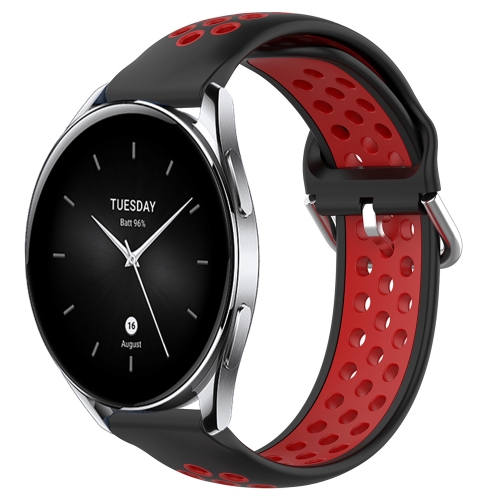 

For Xiaomi Watch S2 42mm 22mm Perforated Breathable Sports Silicone Watch Band(Black+Red)