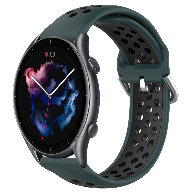 

For Amazfit 3 22mm Perforated Breathable Sports Silicone Watch Band(Olive Green+Black)