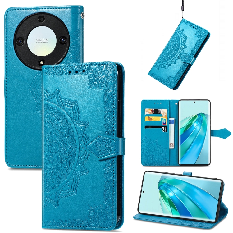 

For Honor X9a Mandala Flower Embossed Leather Phone Case(Blue)