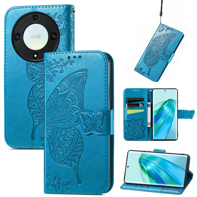 

For Honor X9a Butterfly Love Flower Embossed Leather Phone Case(Blue)