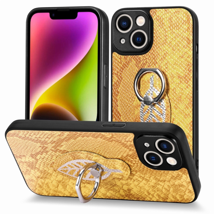 

For iPhone 14 Pro Max Snakeskin Leather Back Cover Ring Phone Case(Yellow)