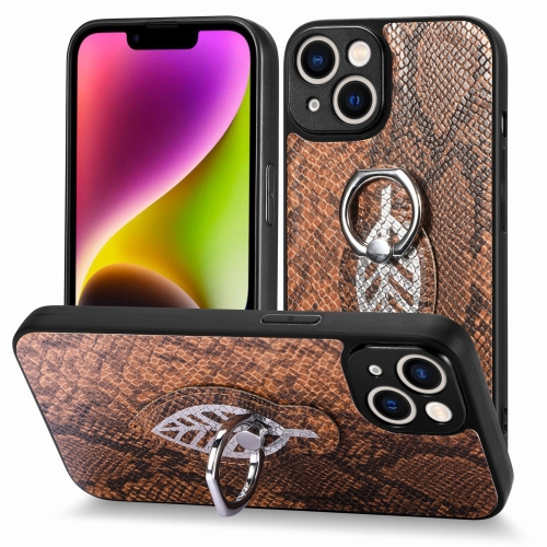 

For iPhone 13 Snakeskin Leather Back Cover Ring Phone Case(Brown)