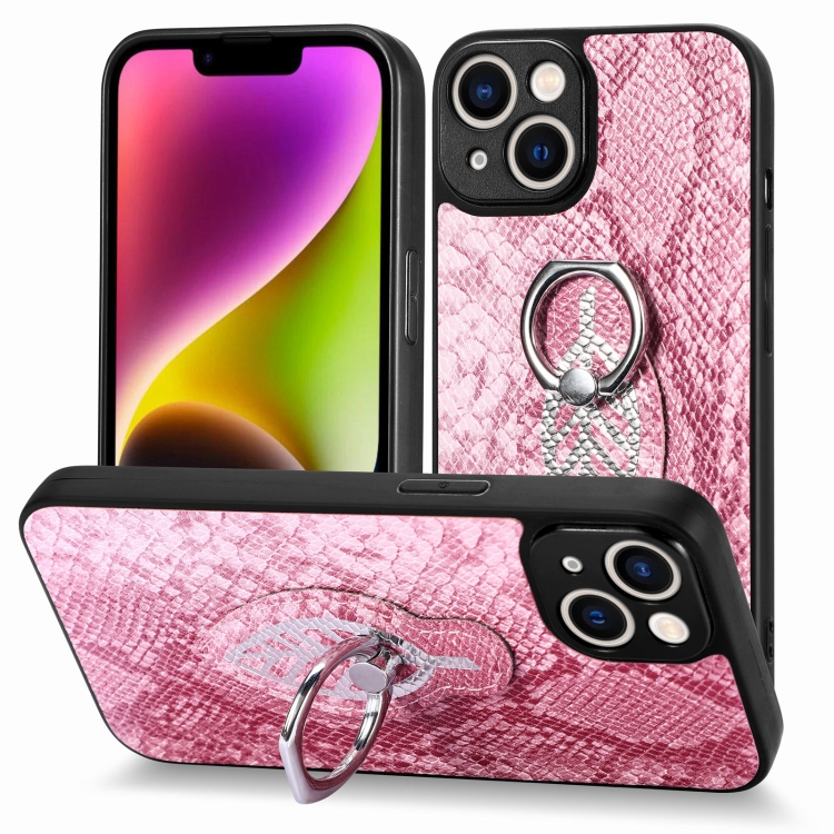 

For iPhone 11 Pro Snakeskin Leather Back Cover Ring Phone Case(Pink)