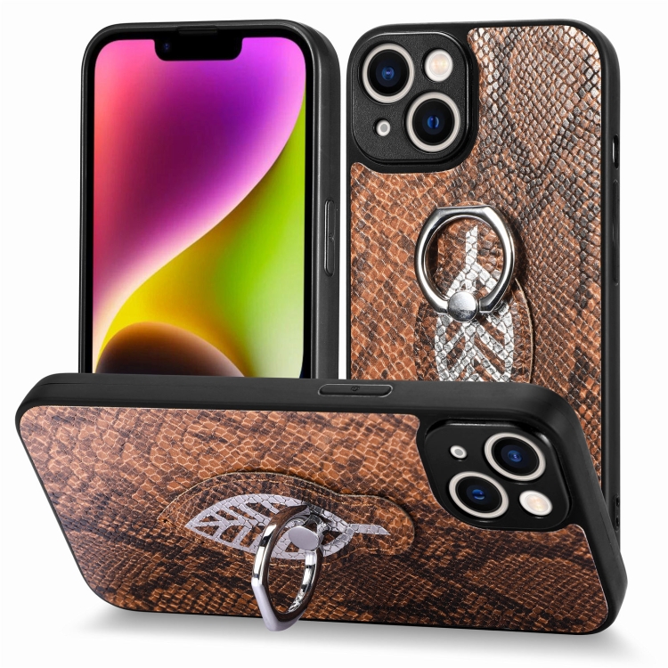 

For iPhone 11 Snakeskin Leather Back Cover Ring Phone Case(Brown)