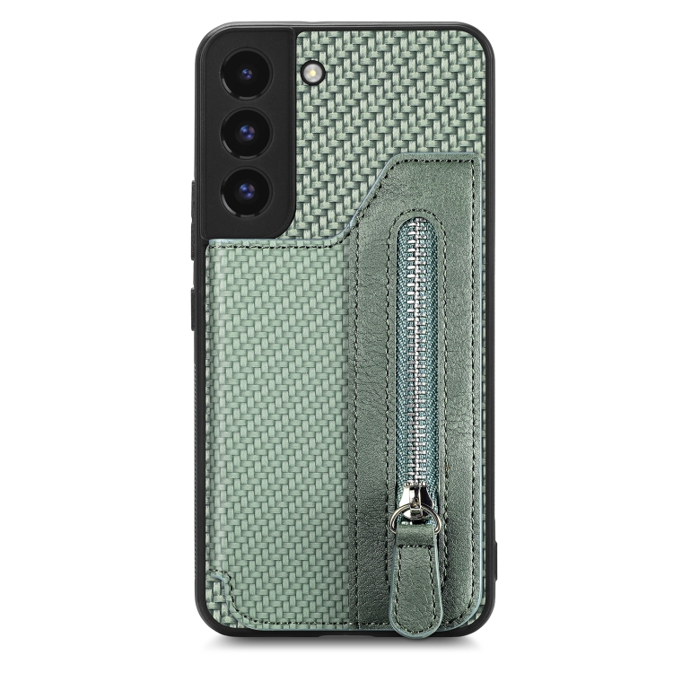 

For Samsung Galaxy S22+ 5G Carbon Fiber Horizontal Flip Zipper Wallet Phone Case(Green)